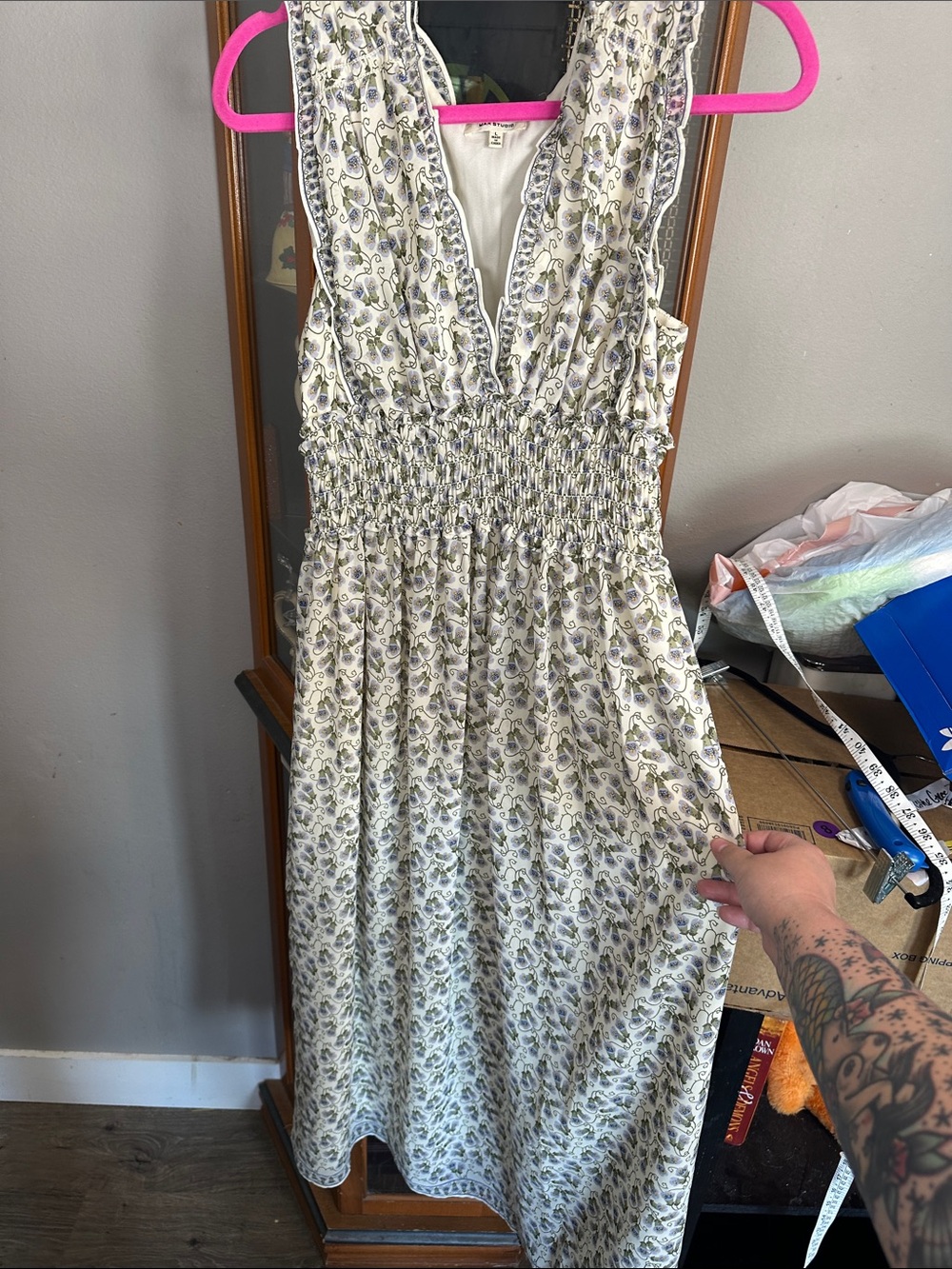 Max Studio Sleeveless Printed Jumpsuit in White and Olive